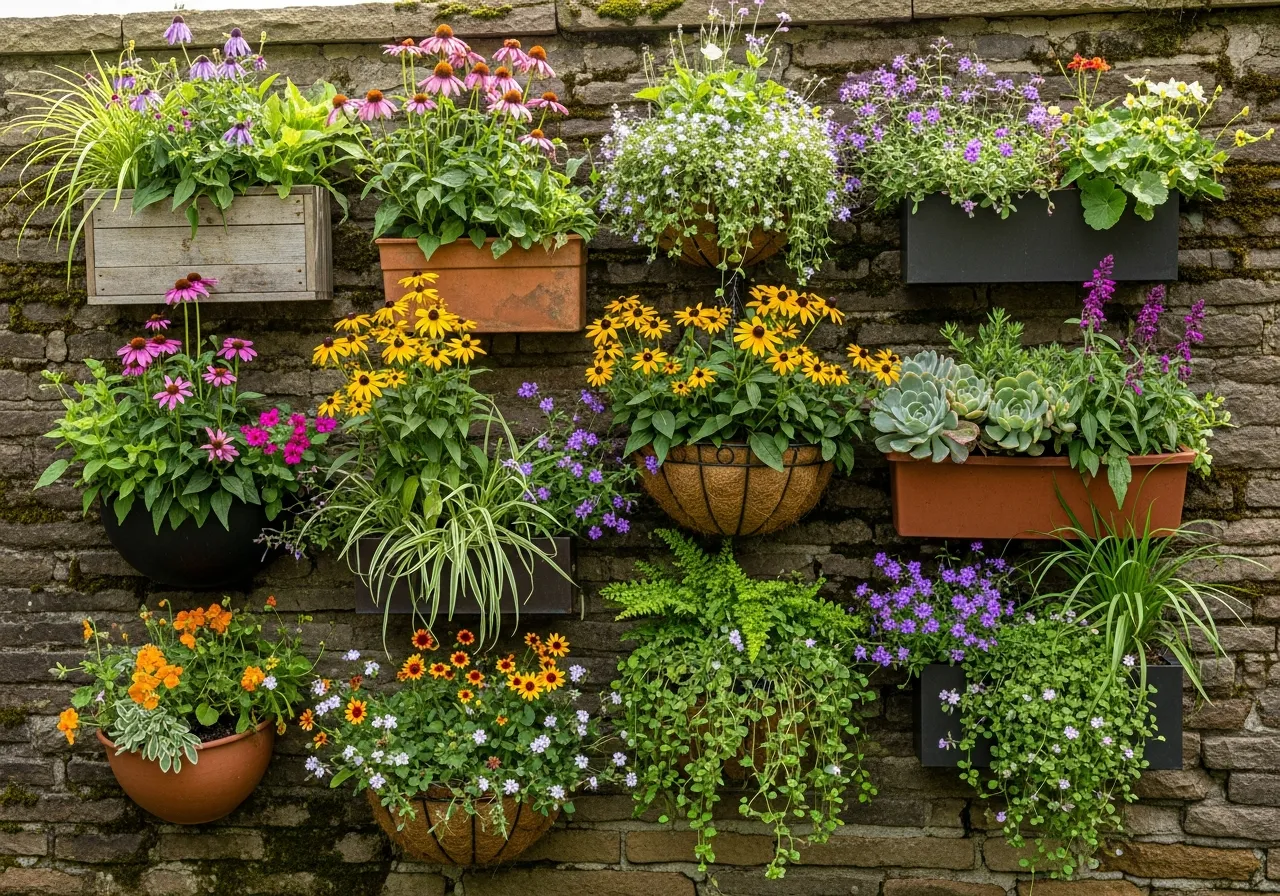 Vertical native garden with wall-mounted containers and hanging baskets
