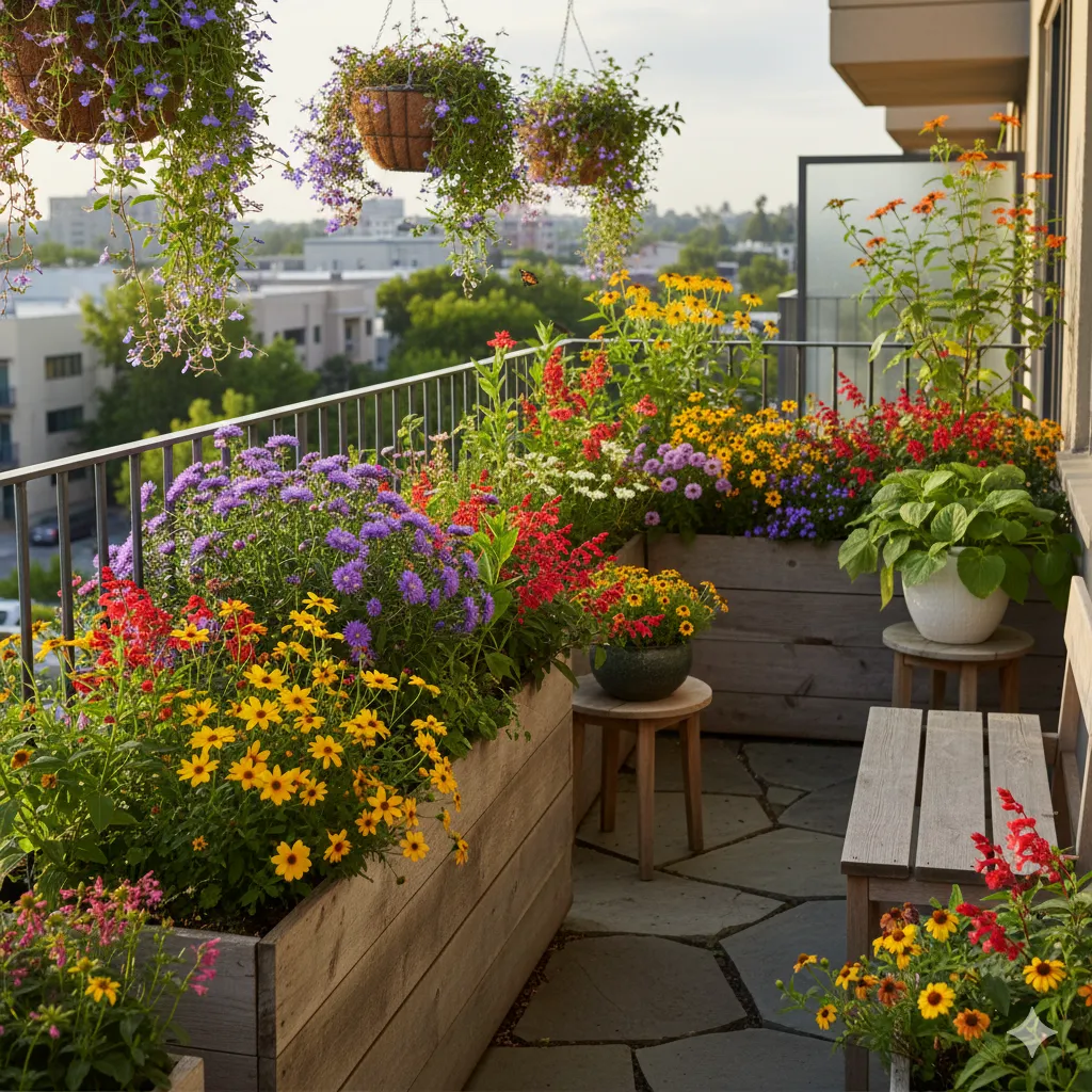 Balcony garden showcasing seasonal color rotation with native plants