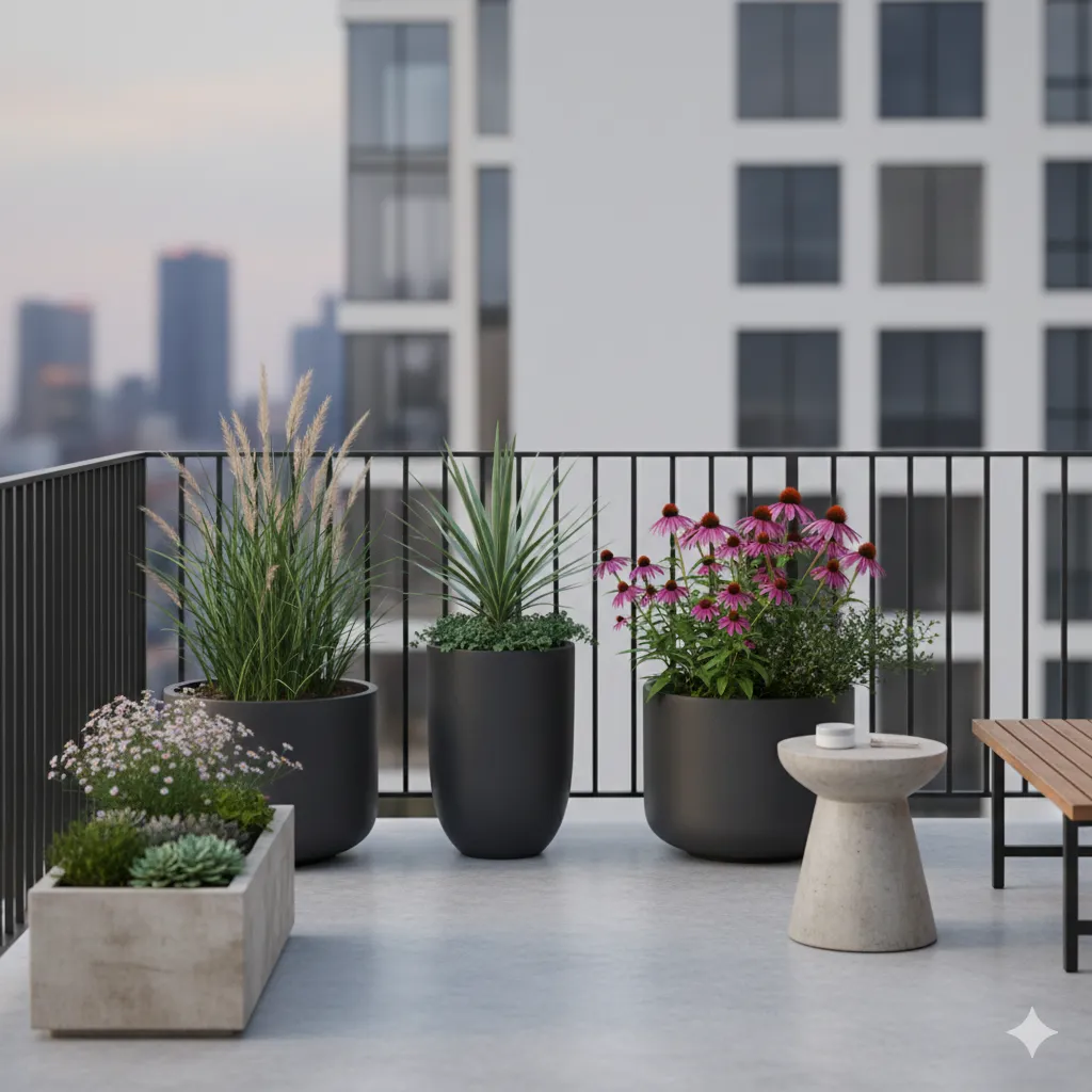 Minimalist balcony garden with statement containers and native plants